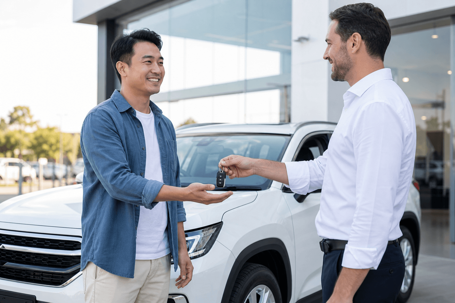 Buyer receiving vehicle keys from a dealer